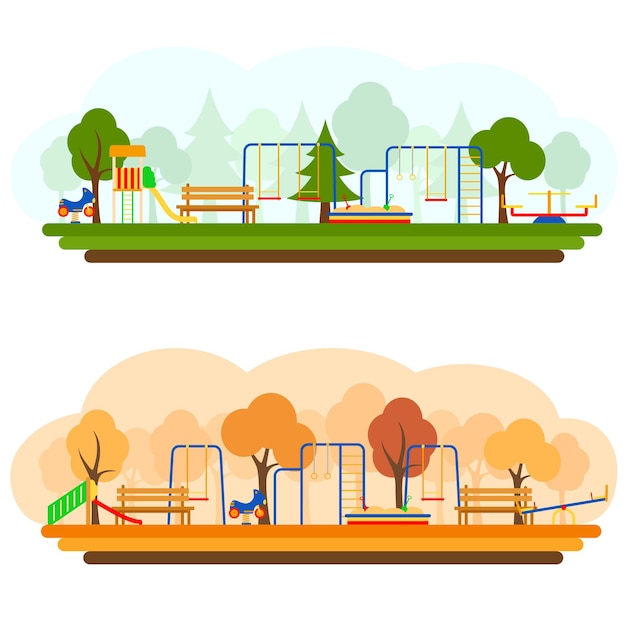 Parque infantil com equipamentos de jogo no verão e no outono, ilustração vetorial. estilo simples