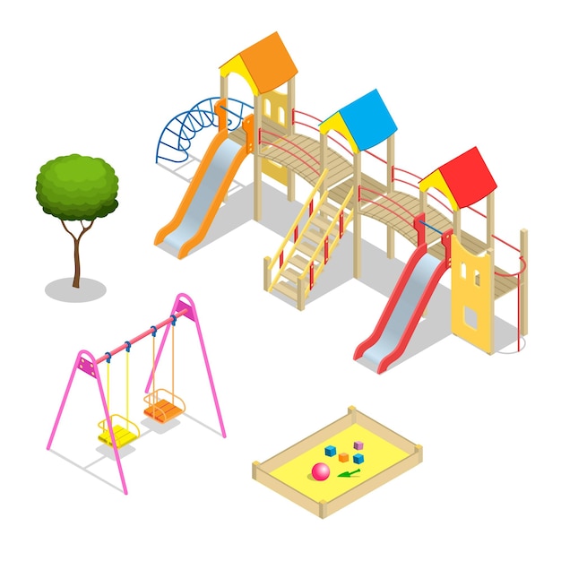 Vetor parque infantil. elementos do tema do slide do playground. conjunto de ícones de playground infantil isométrico. conjunto de ícones de playground de alta qualidade plana vector 3d isométrico.