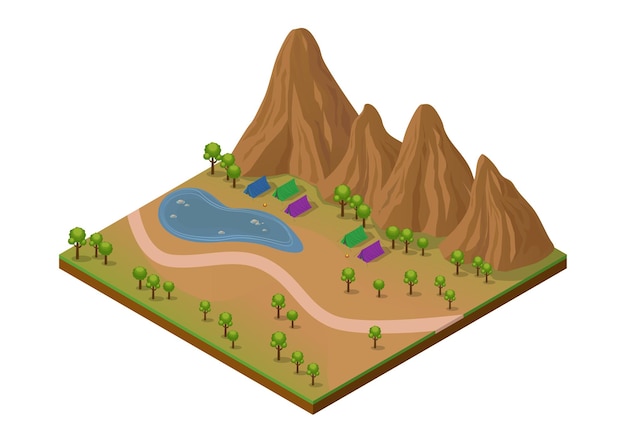 Parque isométrico ao ar livre com montanha, lago, árvores e área de camping. isolado no branco