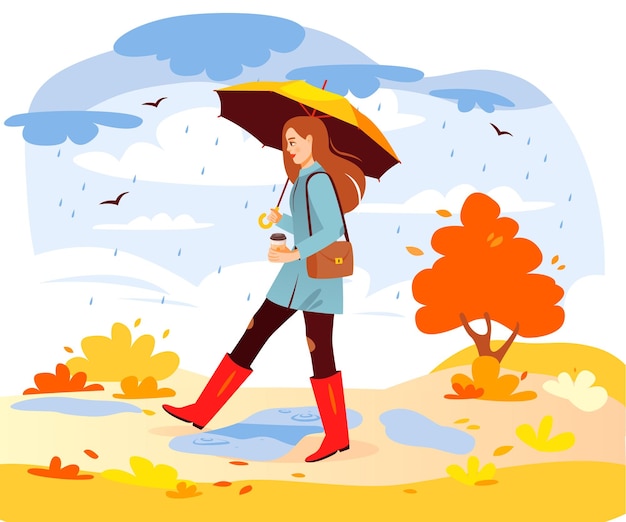 Parque Outono. Uma mulher caminha em um parque de outono sob a chuva. Uma mulher com guarda-chuva e café