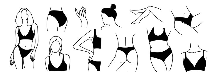 Vetor partes da mulher corpo de contorno feminino em elementos de maiô ou cueca ilustração minimalista em preto e branco desenhada à mão pele sexy e personagens femininas de tamanho grande em conjunto isolado de sutiã e calcinha