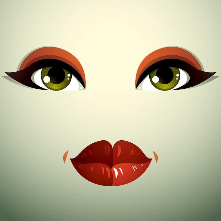 Vetor partes do rosto de uma bela jovem com uma maquiagem brilhante, lábios e olhos. expressão facial de pessoas, mulher surpresa e chocada.