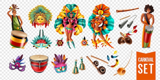 Participantes do carnaval do brasil com instrumentos musicais e ícones de máscaras isolados