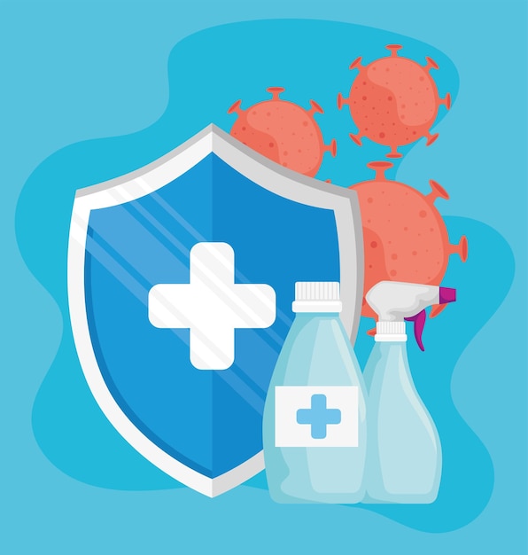 partículas de vírus com produtos de frascos desinfetantes e ilustração de escudo