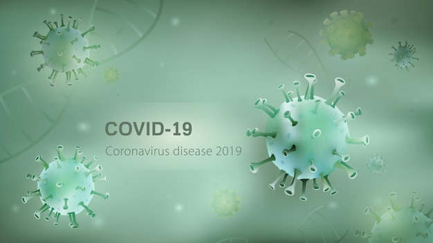 Partículas microscópicas de vírus e DNA em fundo verde claro com texto de doença COVID-19 Coronavirus 2019 no espaço da cópia