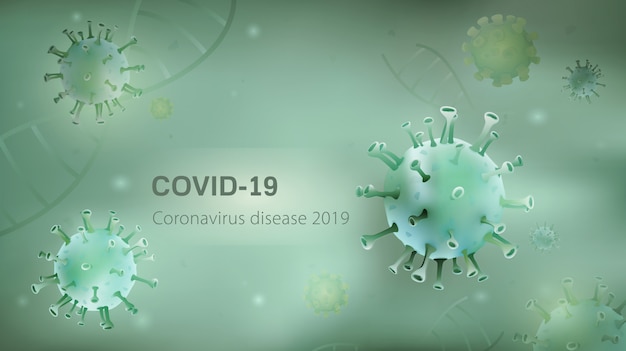 Partículas microscópicas de vírus e dna em fundo verde claro com texto de doença covid-19 coronavirus 2019 no espaço da cópia