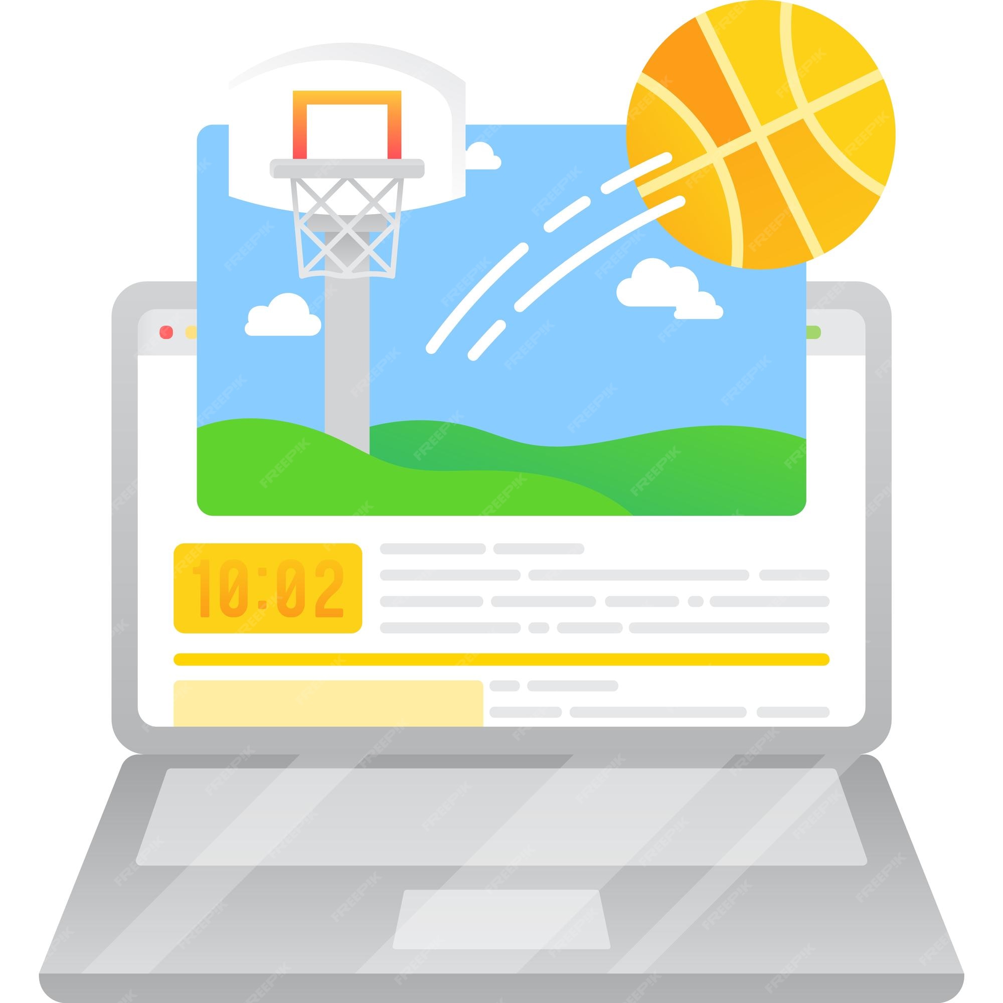 Partida de basquete ao vivo no ícone vetorial do laptop