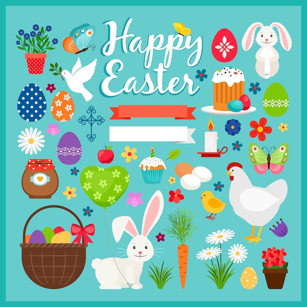 Páscoa coloridos elementos. ilustração vetorial de primavera ostern com cenoura e bolo, coelho e ovos