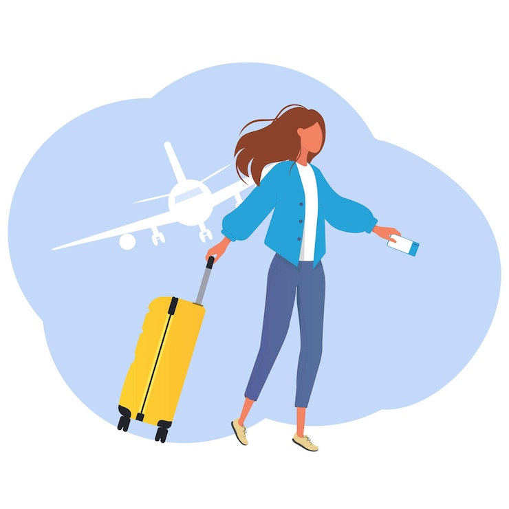 Vetor passageira correndo para o pouso do avião com uma mala e passagens.