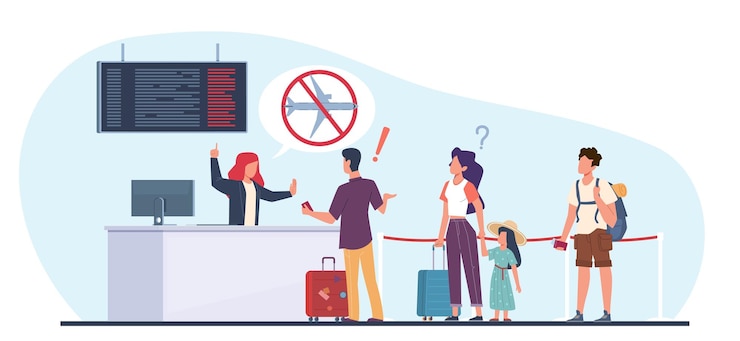 Vetor passageiros atrasados ou cancelados por cancelamento de voo passageiros chateados com a terminação do voo pessoas registram-se à espera da partida do avião viajantes com bagagem na fila ilustração plana de desenho animado conceito vetorial