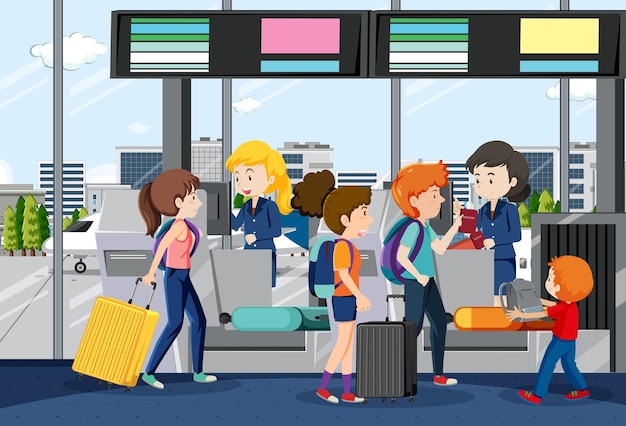 Passageiros com bagagem nos balcões de check-in