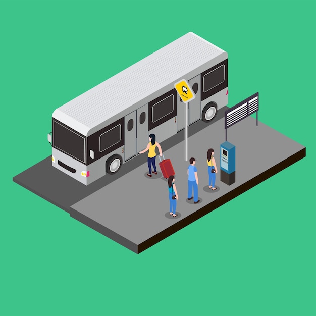 Passageiros na parada de ônibus conceito de vetor 3D isométrico para banner
