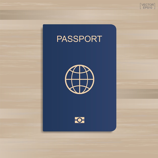 Passaporte azul sobre fundo de madeira. ilustração vetorial.