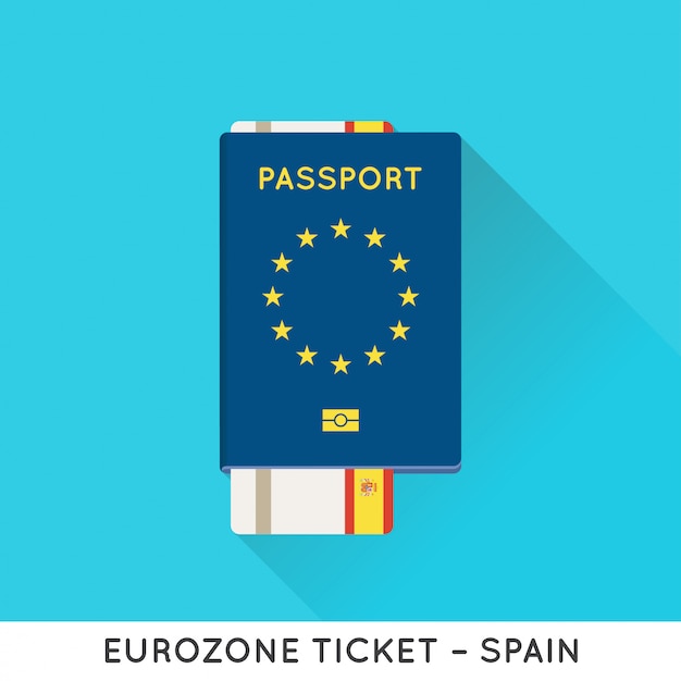 Vetor passaporte de europa da zona euro com ilustração dos bilhetes. passagens aéreas com a bandeira nacional da ue.