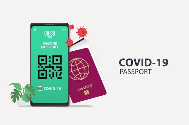 Passaporte de vacinação e smartphone com vacina viagens gratuitas após vacinação pandêmica covid19