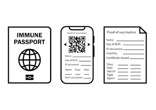 Passaporte imunológico. documento digital e em papel para viagens ou compras seguras. verificar a imunização contra doenças e o conceito de introdução de passaporte de vacinação ou imunidade. vetor