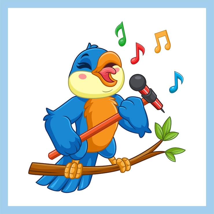 Vetor pássaro azul de desenho animado cantando em um galho de árvore com um microfone