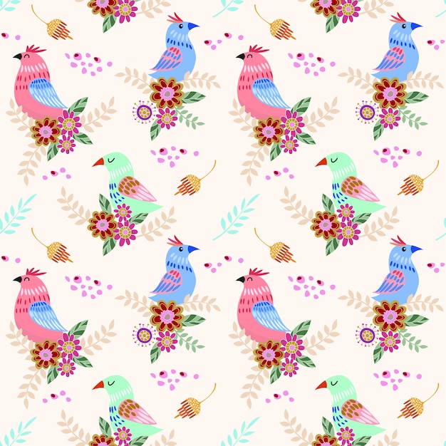 Pássaro bonito com padrão sem emenda de flores para papel de parede têxtil tecido