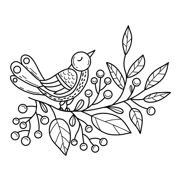 Vetor pássaro com bagas de natal holly contorno desenho à mão xmas design decoração de férias coloração