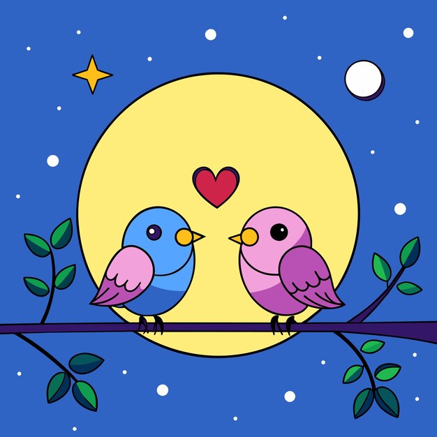 Vetor pássaro de amor abraçando seu parceiro em um ramo desenhado à mão ícone de adesivo conceito ilustração isolada