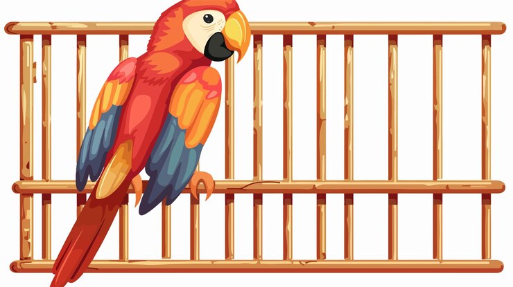 Vetor pássaro de desenho animado colorido em gaiola aberta com barras ilustração