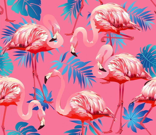 Pássaro de flamingo e fundo de flores tropicais