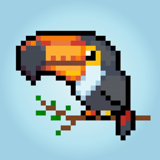 Vetor pássaro de tucano de pixel de 8 bits pixel animal em ilustrações vetoriais para padrões de ponto cruzado