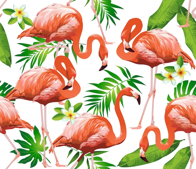 Pássaro do flamingo e fundo tropical das flores.