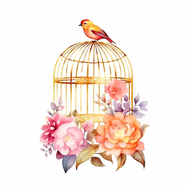 Vetor pássaro em cima de uma gaiola dourada cercada por flores vetor tinta aquarela