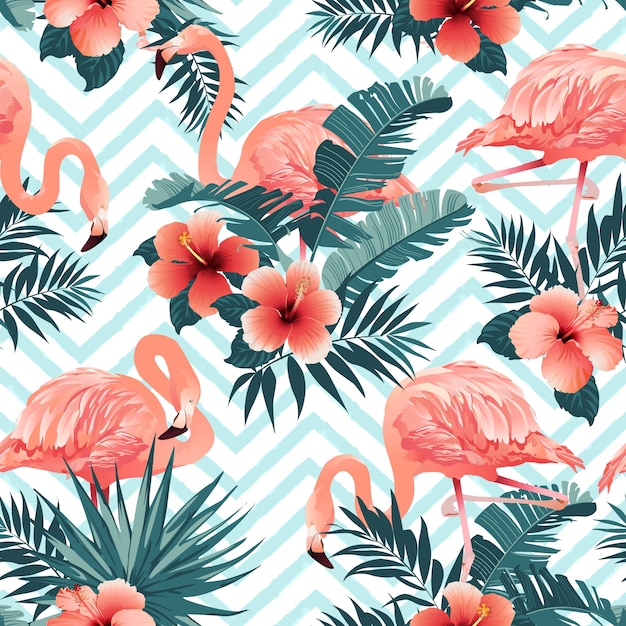 Pássaro flamingo bonito e fundo das flores tropicais