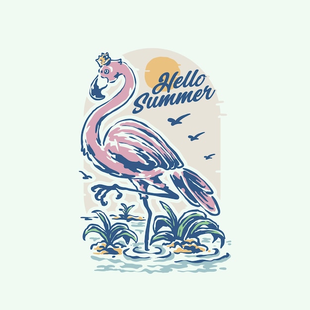 Vetor pássaro flamingo de verão com ilustração de estilo vintage