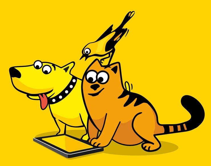 Vetor pássaro, gato e cachorro olhando para o computador tablet com tela em branco. ilustração em vetor plana colorida isolada em fundo amarelo