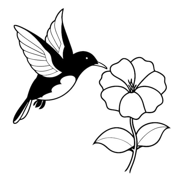 Pássaro voando em Flower Phlox Ilustração vetorial 2D preto e branco em fundo branco