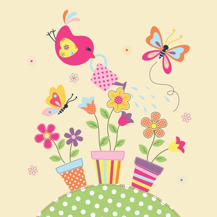 pássaros bonitos regam a ilustração vetorial de lindas flores