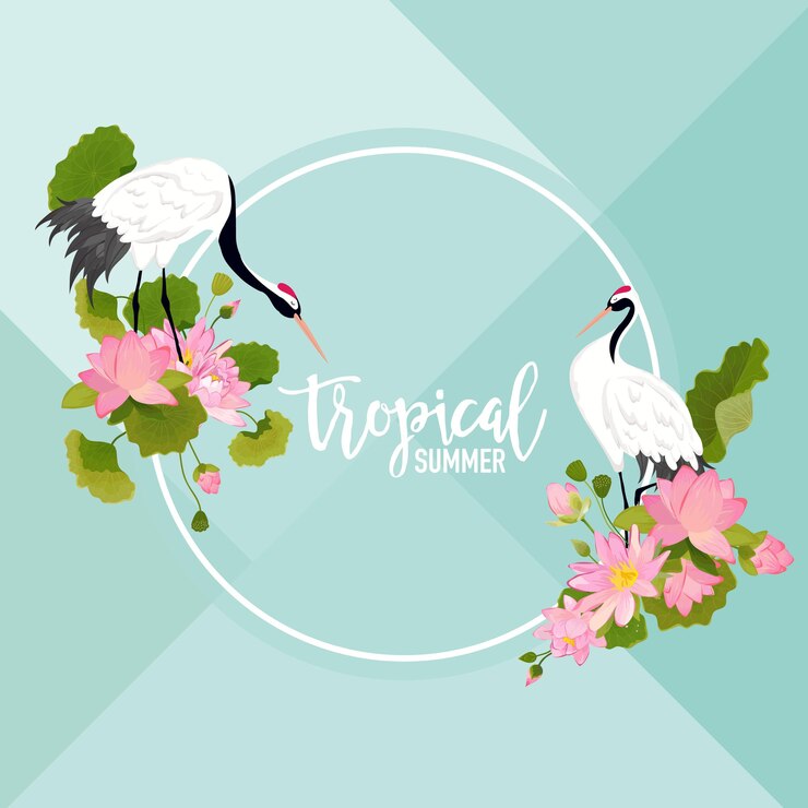 Vetor pássaros de guindaste, flores de lótus e folhas de verão banner, fundo gráfico tropical, convite floral exótico, folheto ou cartão. primeira página moderna em vetor