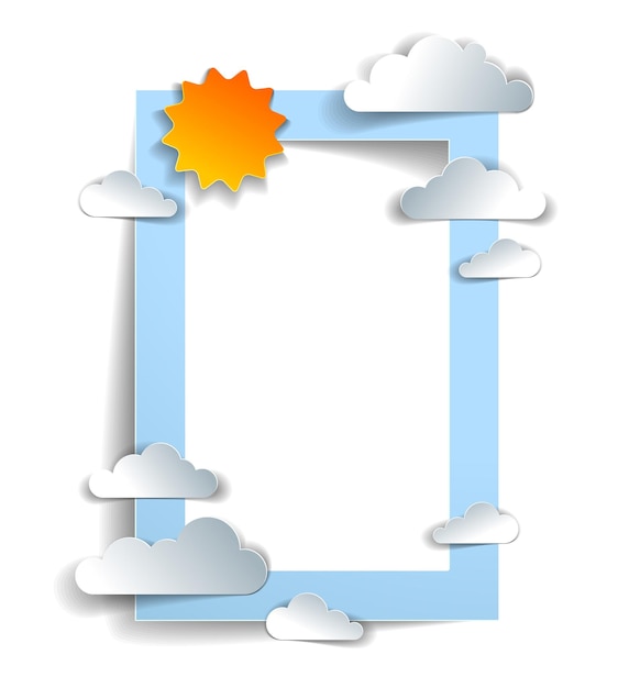 Pássaros voando no céu entre belas nuvens e sol, fundo ou quadro com espaço de cópia para texto, cartão de felicitações, cloudscape de verão, ilustração vetorial em estilo infantil de corte de papel.