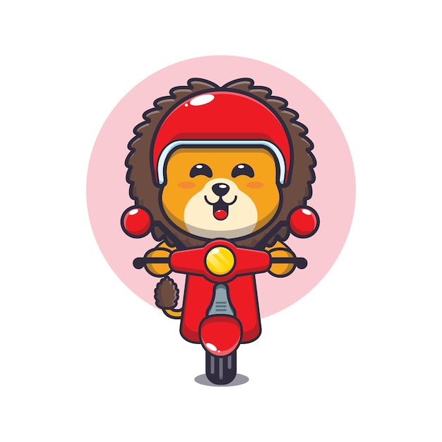 Passeio de personagem de desenho animado de mascote de leão fofo na scooter