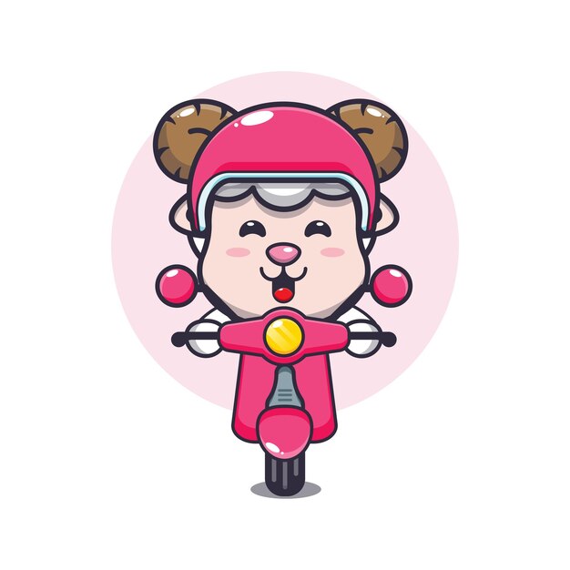 passeio de personagem de desenho animado de mascote de ovelha fofa na scooter