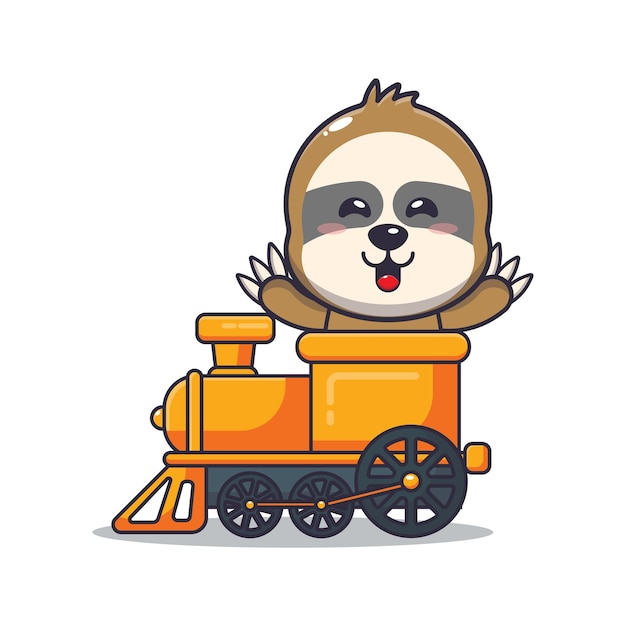 Passeio de personagem de desenho animado de mascote preguiça bonito no trem