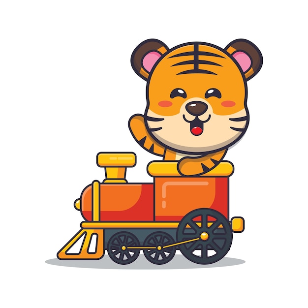 Passeio de personagem de desenho animado de mascote tigre bonito no trem