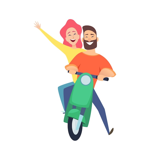 Vetor passeio de scooter. pilotos de homem feliz mulher. casal bonito dos desenhos animados no encontro. ilustração do vetor de motoristas femininos masculinos. mulher e homem de scooter, transporte de bicicleta