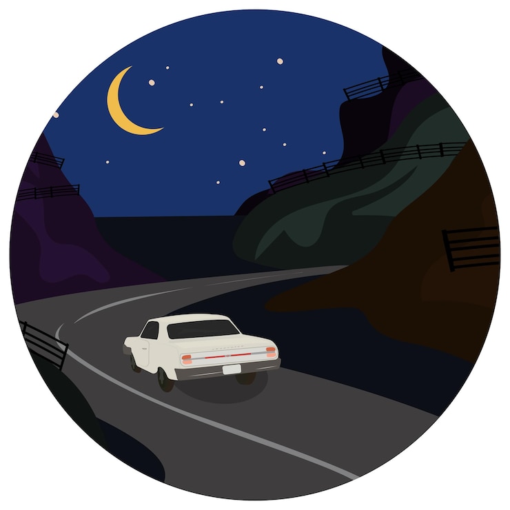 Vetor passeio noturno de carro pela costa oeste da cidade com carro na estrada em zoom