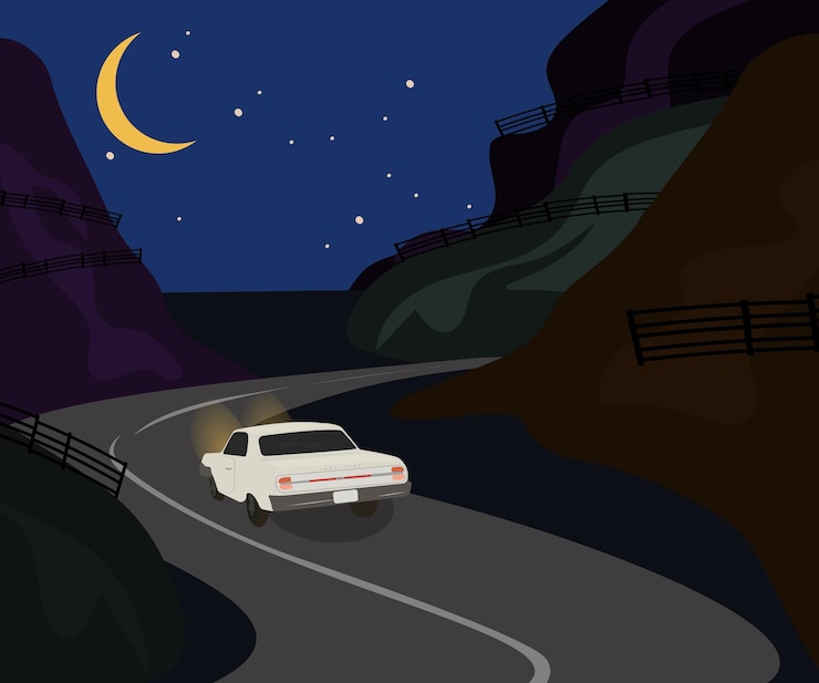 Vetor passeio noturno de carro pela costa oeste da cidade com carro na estrada