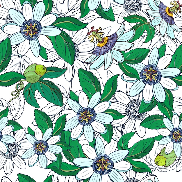 Passiflora passiflora, maracujá em um fundo branco. padrão sem emenda floral com grandes flores exóticas brilhantes, botão e folha. ilustração de verão para imprimir têxteis, tecido, papel de embrulho.