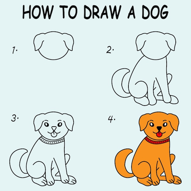 Vetor passo a passo para desenhar um tutorial de desenho de cão uma lição de desenho para cães para crianças ilustração vetorial