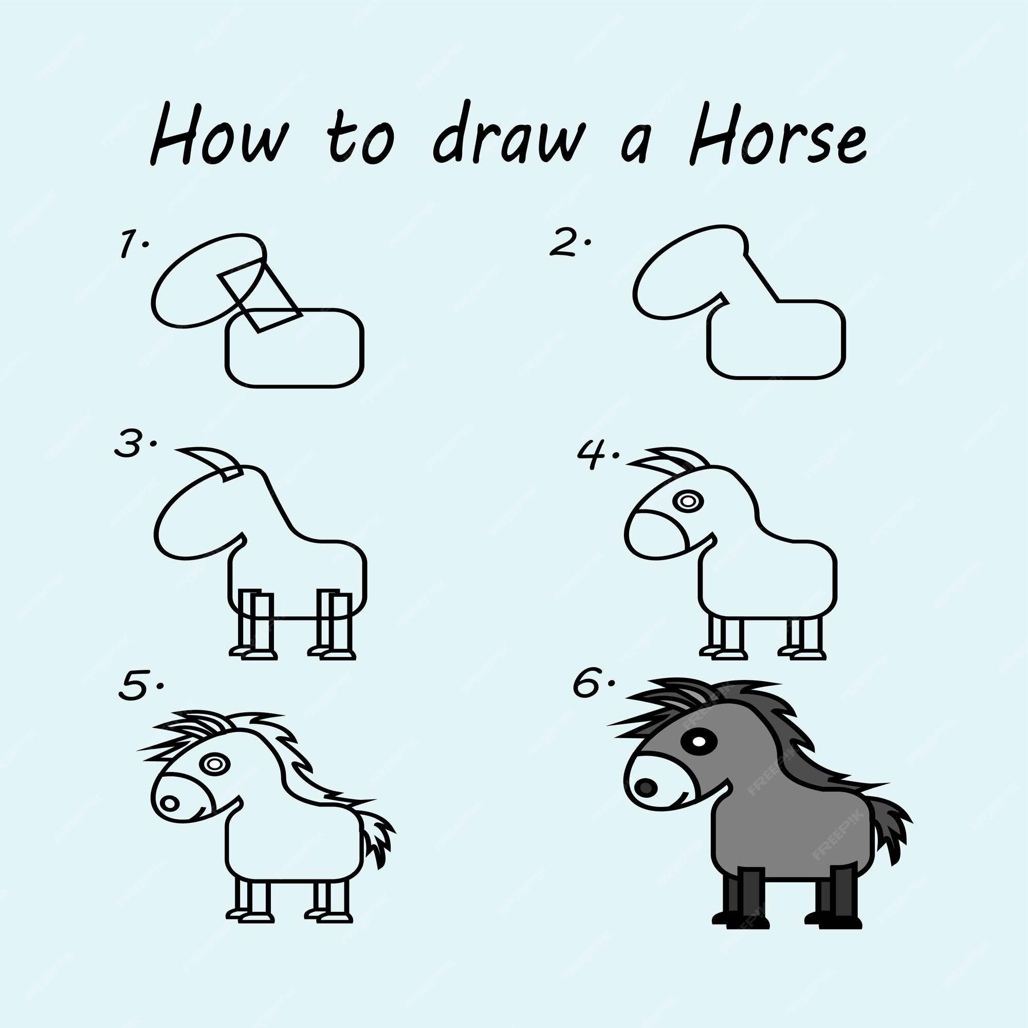 Como desenhar um cavalo para crianças. etapas de desenho fáceis para  crianças. ilustração em vetor de animais. animais chatos