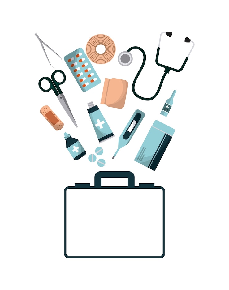 Vetor pasta de socorro punho com equipamento de medicina