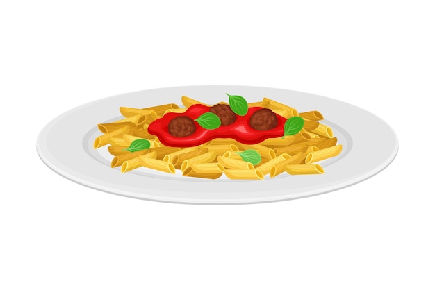 Vetor pasta italiana com produtos alimentares em forma com bolinhas de carne e molho de tomate ilustração vetorial