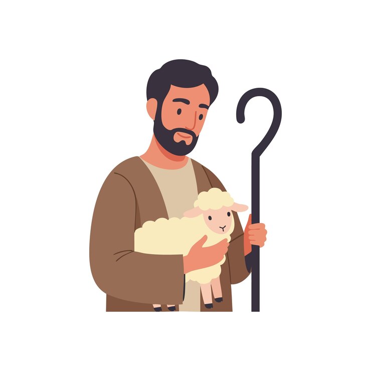 Pastor barbudo segurando ovelhas com bastão em estilo de ilustração vetorial plana simples
