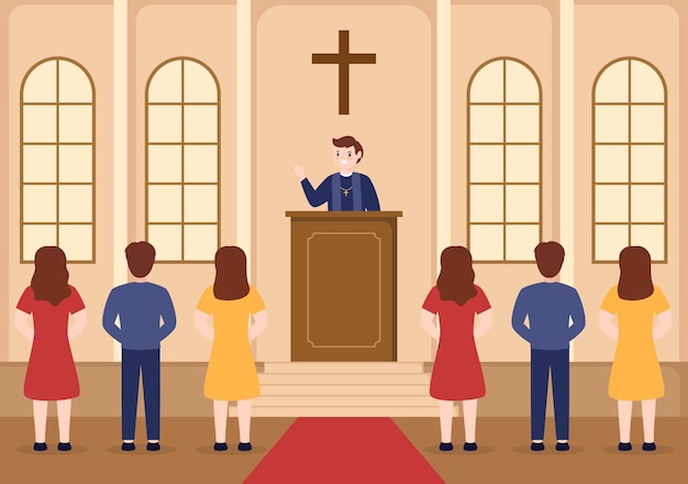 Vetor pastor dando um sermão de deus em batina em uma igreja católica do púlpito e ilustração de batismo